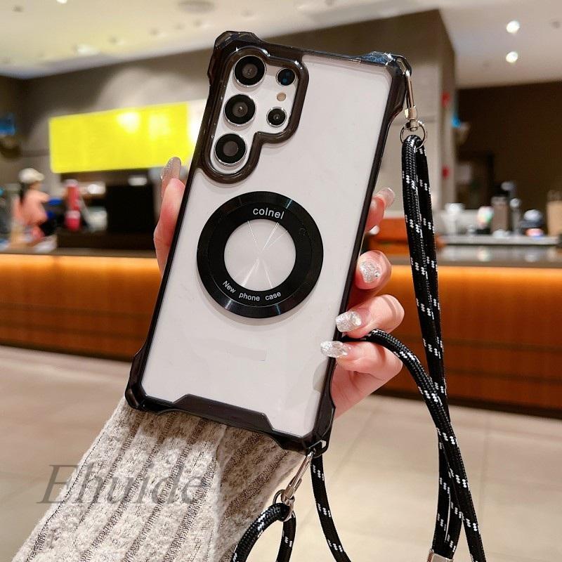 

Four Corners Strap Magnetic Case For Samsung Galaxy A56 A55 S23 Plus S25 S24 Ultra Crossbody Cord Lanyard Shockproof Clear Cover S24