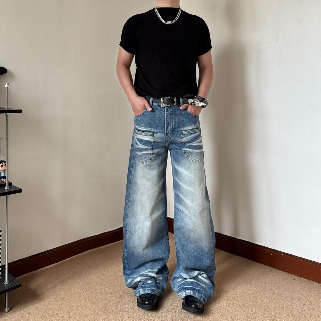American Retro Washed Cat Whisker Scimitar Jeans Men's High Street Loose Wide Leg Cleanfit Micro Pull Pants Summer