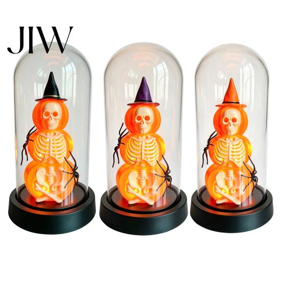 Creative Holiday Ornaments Halloween Pumpkin Skeleton Cloche Lamp, Lighted Stacking Skull In Clear Haunted House Decorations Dome with Witch