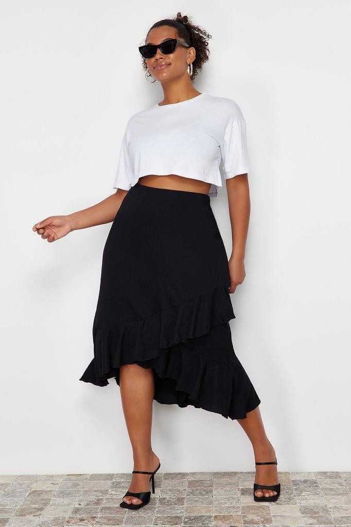 Women's Style Plus Size Black Midi Woven Skirt