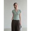 French gentle wind mist gray semi-open neck short-sleeved T-shirt women's summer new slim and thin fashion versatile top