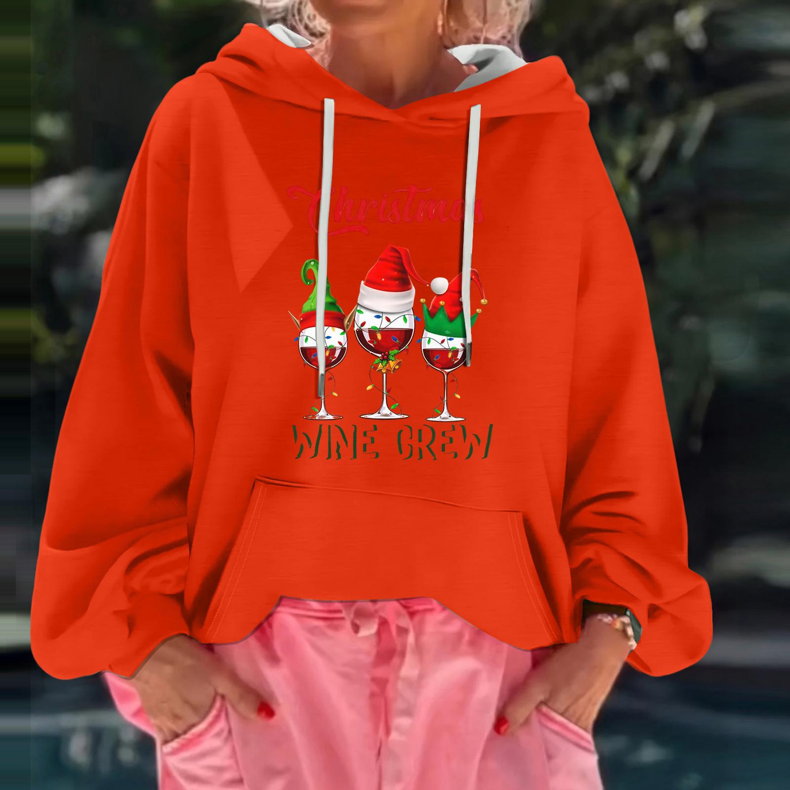 

Женский рождественский принт, свободный повседневный худи с длинным рукавом и капюшоном XL киноварь