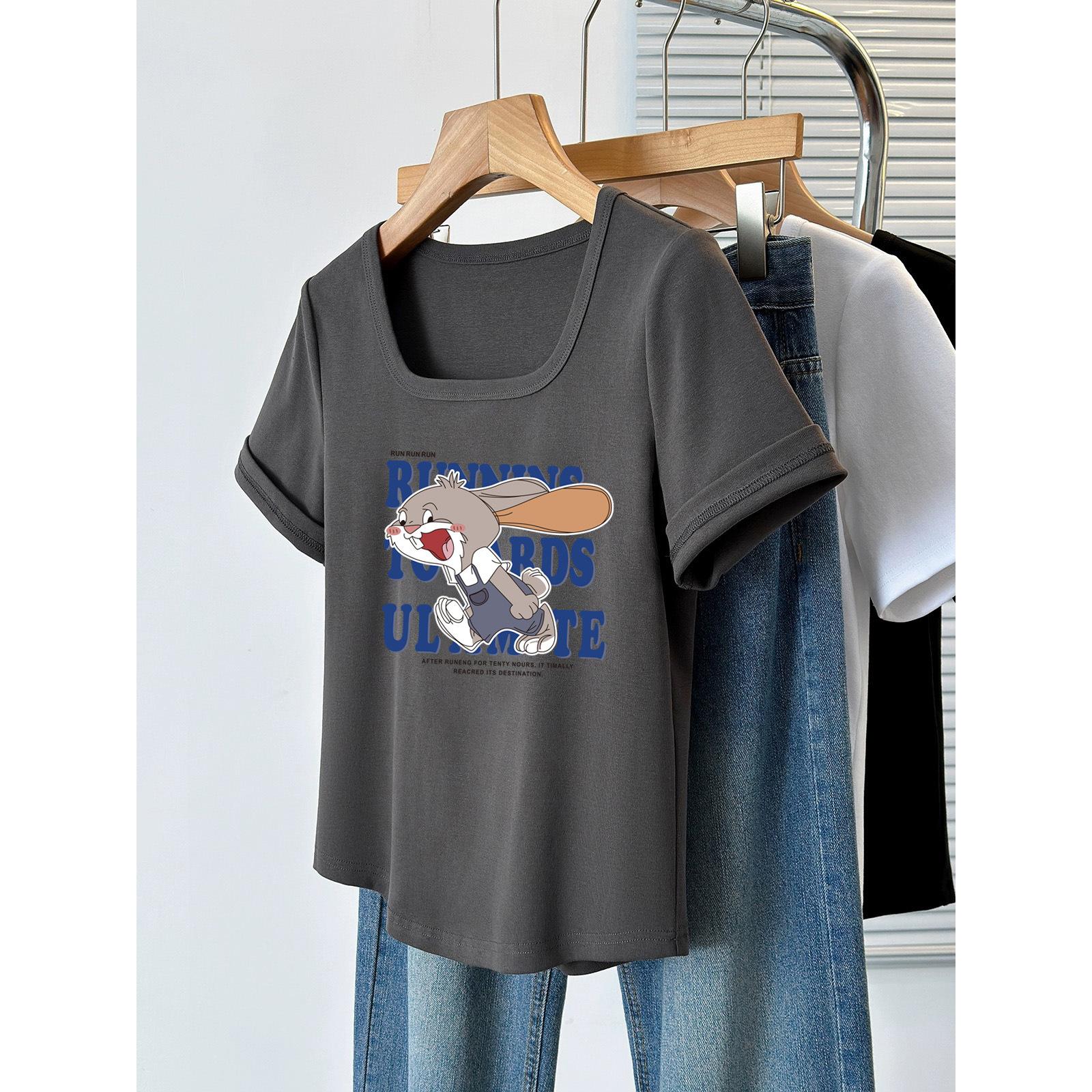 

Casual style straight shoulder square neck short-sleeved t-shirt women s 2025 new summer pure cotton contrasting color loose age-reducing and thin top M [80-60kg]