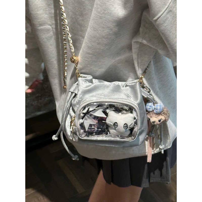 JIAERDI Drawstring Ripple Ita Bag Women Basic Anime Transparent Shoulder Bag Ladies Daily Casual Compact Bucket Crossbody Purse