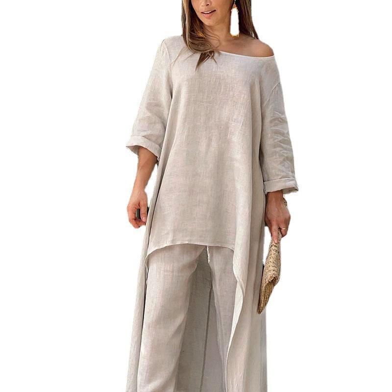 2023 Plus Size Women's Cotton Linen Irregular Two-Piece Long Sleeve Top Set