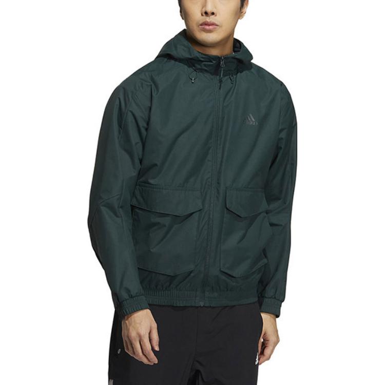Adidas Solid Color Logo Fleece-Lined Hooded Jacket Men Outerwear Green HN9036