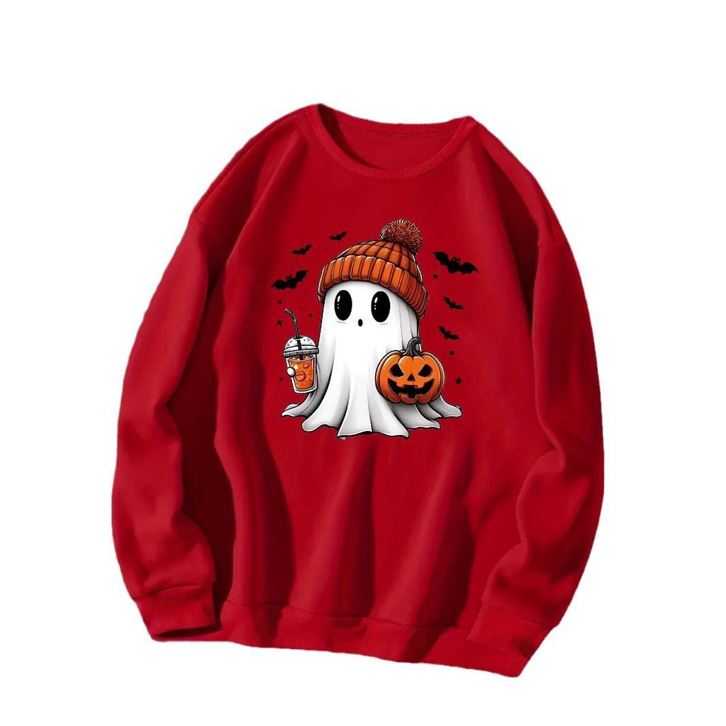 New 2025 European and American Halloween cute ghost print versatile crew neck casual long-sleeved sweater