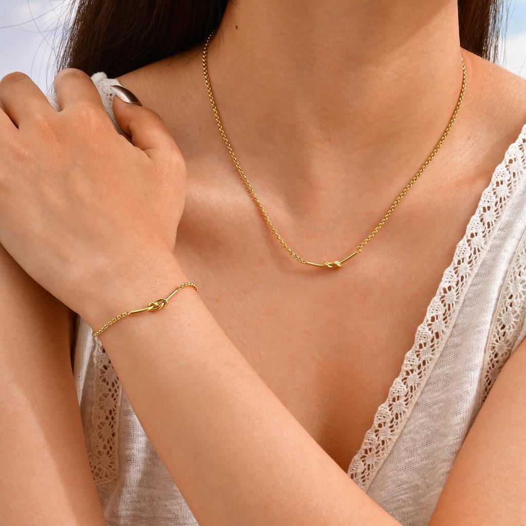 Minimalist Knot Link Chain Necklace for Women,Gold Plated Stainless Steel Necklace Bracelet, Chic Waterproof Jewelry Gift