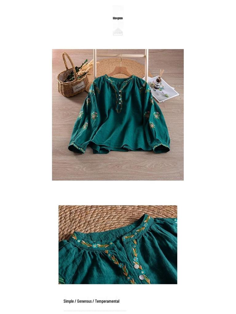 Damen Retro Bestickte V-Ausschnitt Baumwolle Leinen Bluse