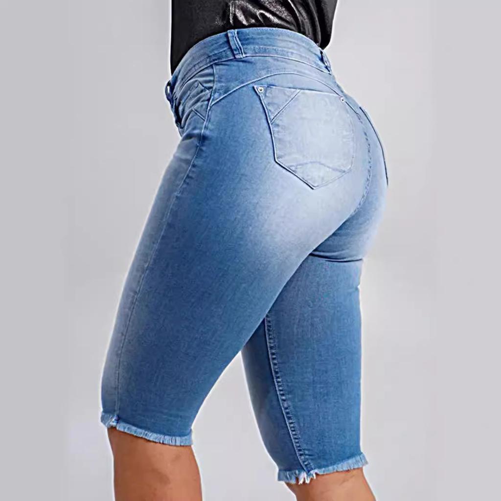 Damen High Waist Skinny Jeans-Shorts Leichte Dehnung Doppelknopf Fransen Bermuda-Shorts Lässige Jean-Shorts mit Tasche