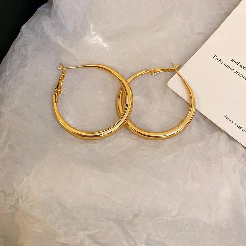 Gold French Simple Round Plain Ring Earrings Light Luxury Earrings Hong Kong Style Earrings