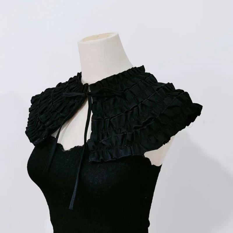 Women Renaissance Detachable False Collar Shawl Scarf French Style Elegant Tiered Ruffle Capelet Ribbon Tie Up Boleros