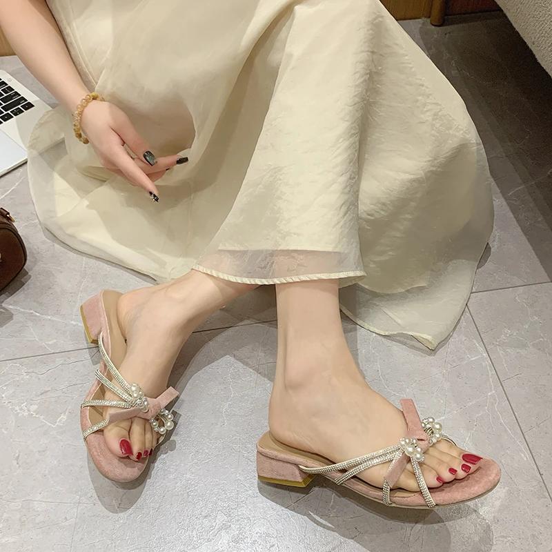 

Fashion Pearl Bow Open Toe Slippers for Women Summer Outside French Small Round Toe Rhinestone Block Heel Sandals 35 розовый