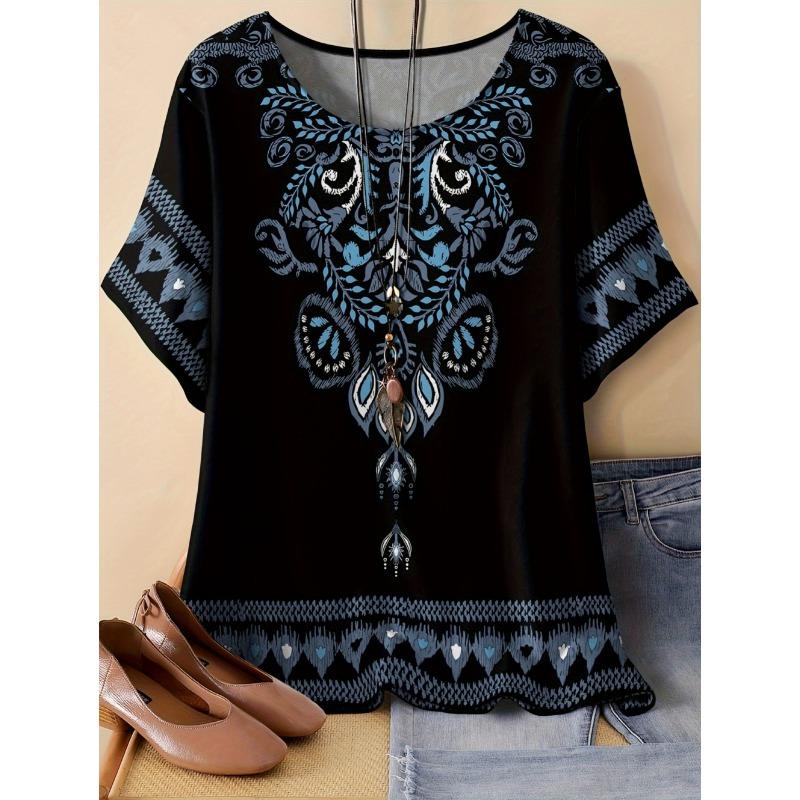 2026 Trend Summer Ethnic Graphic Print T-Shirt Round Neck Comfortable Short Sleeve Tshirt Oversized Tees Tops Women's Clothing