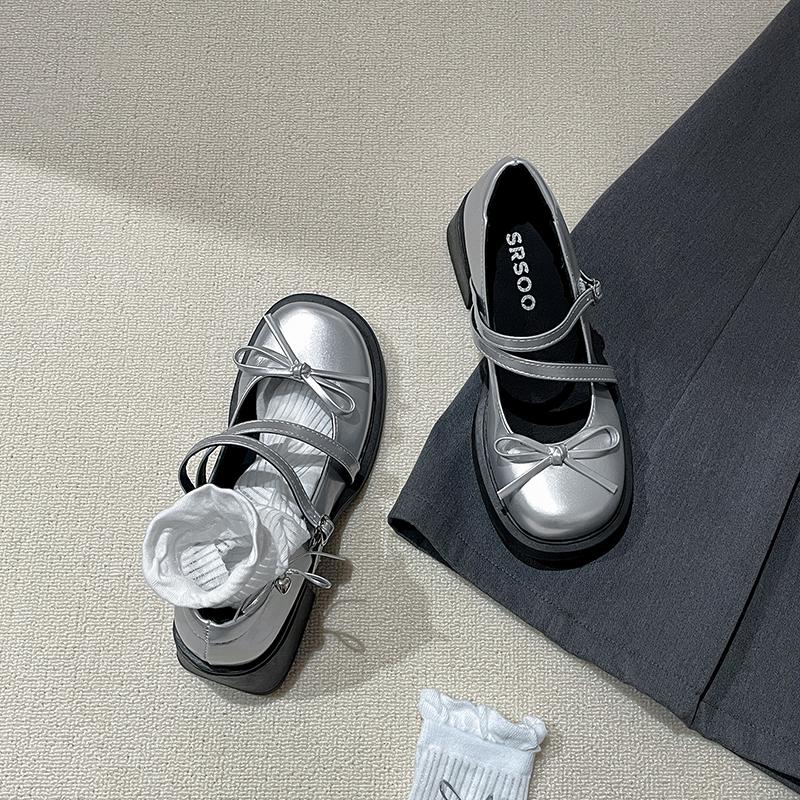 

Дизайнерские туфли Мэри Джейн с бантом-бабочкой для женщин, элегантные туфли на толстом каблуке, женские лаконичные кожаные туфли-лодочки 35 серебряный