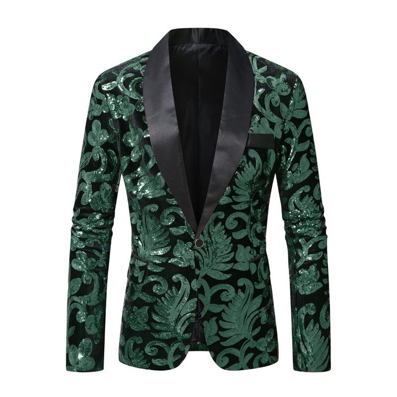 Mens Sequin Velvet Blazer Jacket Fashion Party Stage Performance Nightclub Suit Coat