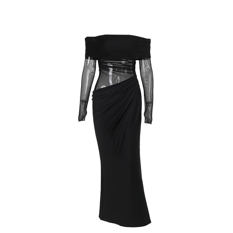 JY summer new long dress, European and American style temperament sexy one-word shoulder mesh hollow dress women