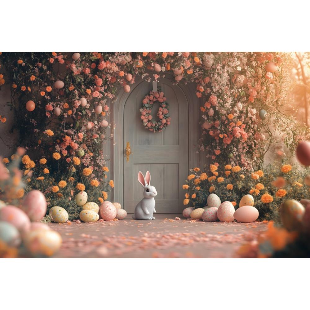 Spring Easter Photography Backdrop Boho Flowers Arch Door Bunny Colorful Eggs Rabbit Kids Birthday Party Decor Photo Background
