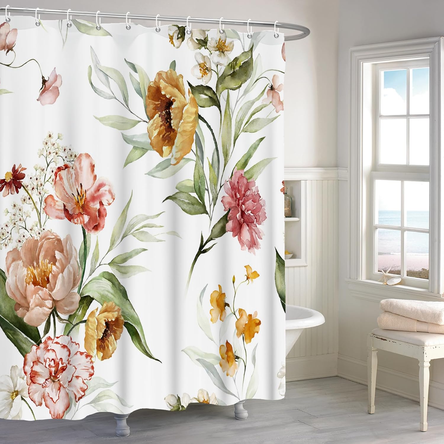 

Vintage Floral Shower Curtain with Hooks – Watercolor Blossoms & Green Leaves, Elegant Botanical Bathroom Decor 90x180cm35x71in