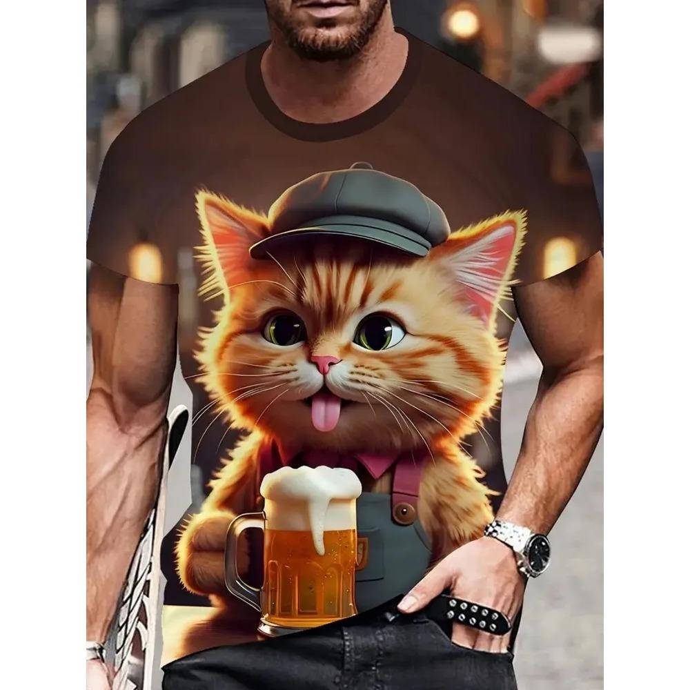 Summer Men's Fun Animal Print Oversized Loose Casual T-shirt Fashionable Comfortable Soft Breathable Short Sleeved T-shirt