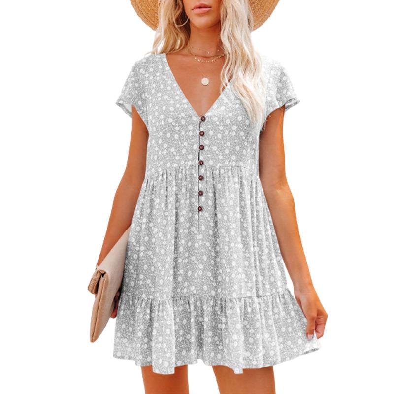 2026 Spring/Summer V-neck Buttoned Floral Short-sleeve Loose Casual Dress for Women