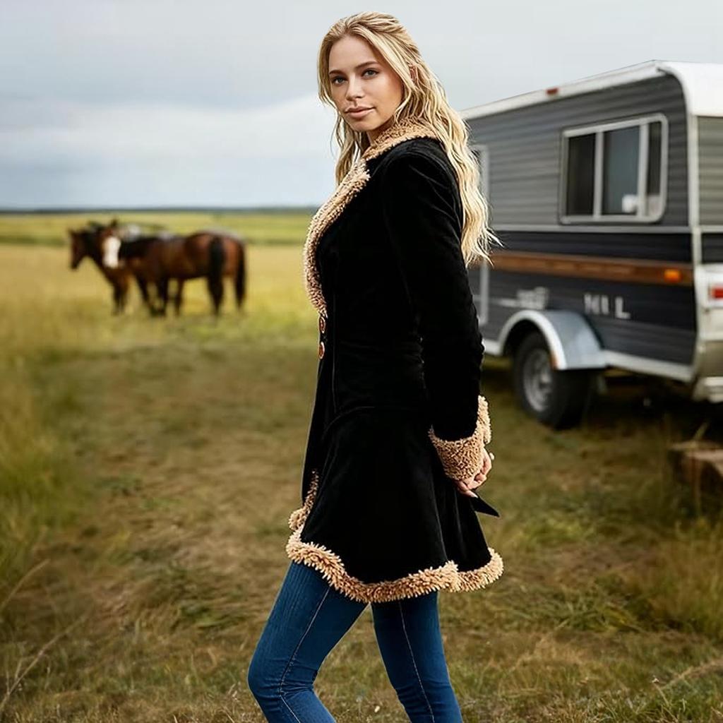 Women's Denim Western Retro Trench Coat, Plush Fashion And Warmth, Fleece Jacket