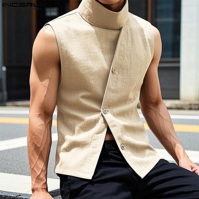 Summer Men High Neck Sleeveless Oblique Buttons Tank Tops