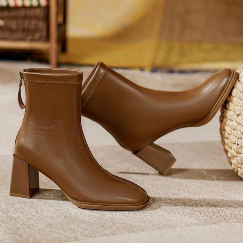 Ghete de damă franțuzești cu toc înalt, până la gleznă, cu toc gros, cizme de modă, piele moale, cizme simple de primăvară și toamnă, cizme cu vârf pătrat