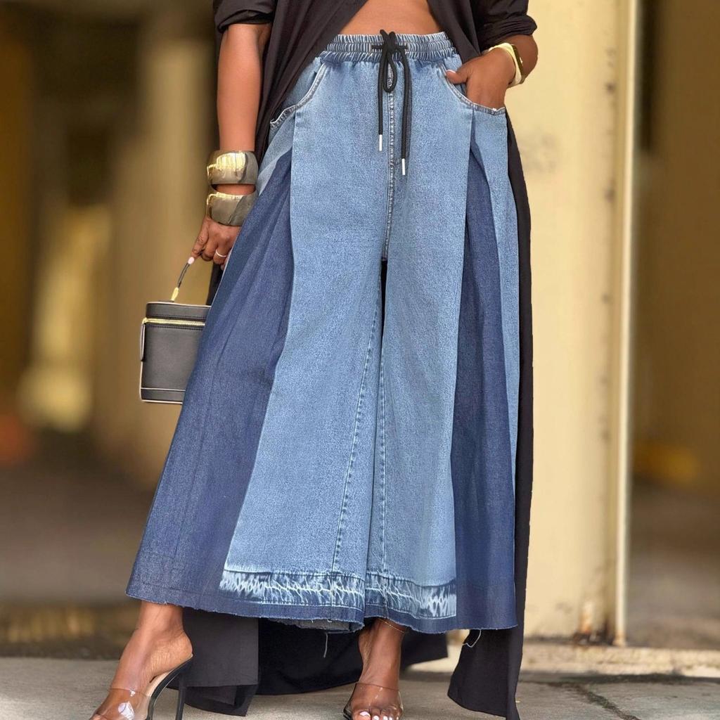 Women's Elastic Drawstring Waist Wide Leg Loose Fit Color Block Patchwork Culotte Pants Streetwear Denim Capri Jeans For Spring