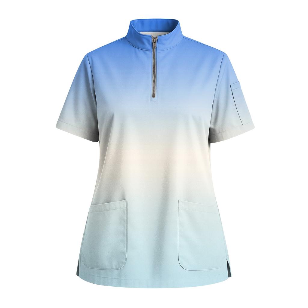 Women's Short Sleeved Printed V-neck Buttonable Side Slit Top T-shirt