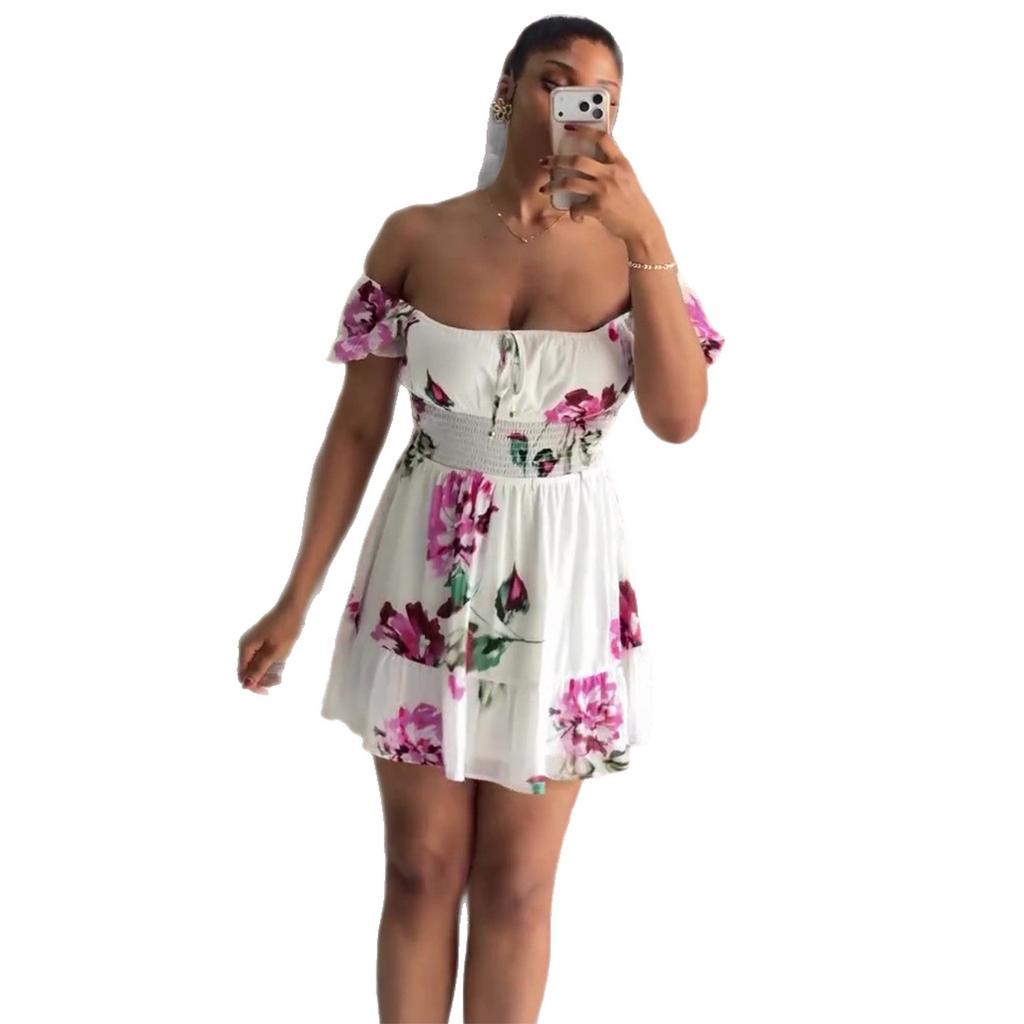 European and American women's clothing summer African new sweet one-word off-the-shoulder printed waist dress