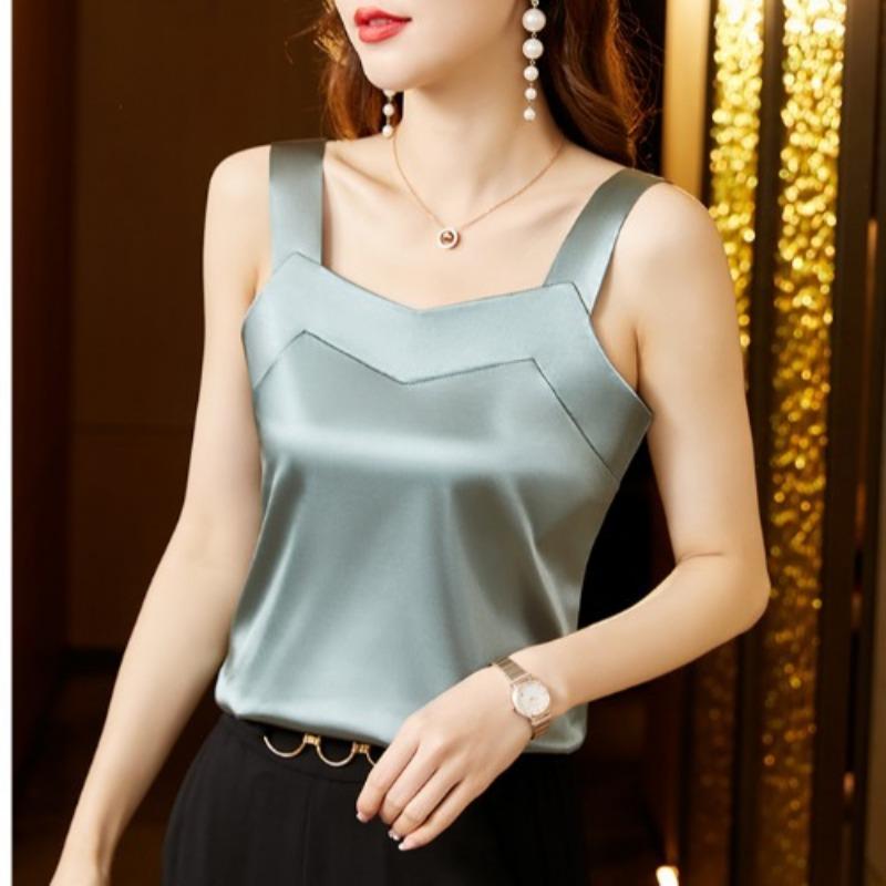 

Летний дизайн для женщин, Нишевая внутренняя тонкая базовая рубашка для женщин, топ без рукавов с красивой спинкой из сатина 2XL