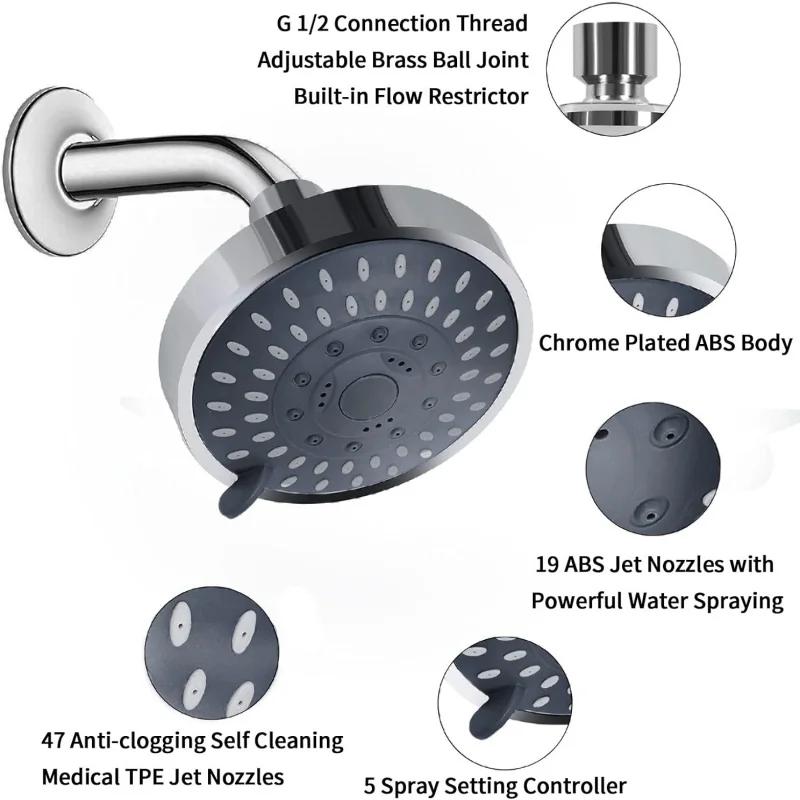 5 Modes High Pressure Shower Head 4 Inch High Flow Fixed Showerheads Sprayer Bathroom Rain Showerhead Faucet Replacement Part