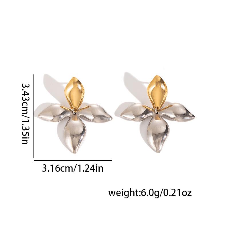 Two-Tone Gold & Silver 3D Four-Petal Flower Stainless Steel Stud Earrings for Women
