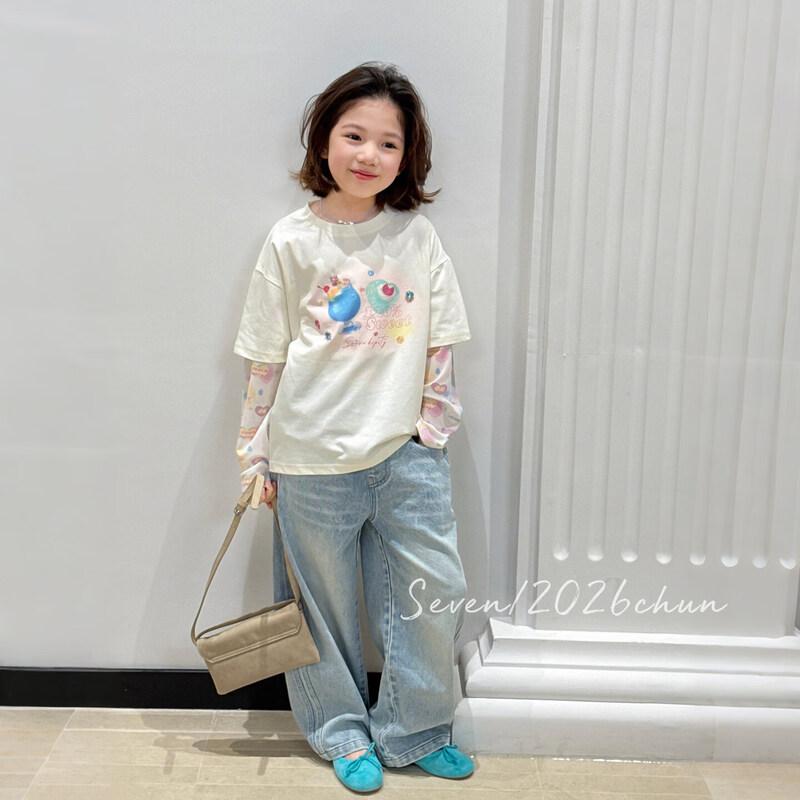 SEVEN BOBI Girls' Spliced Fake Two-Piece Long-Sleeve T-Shirt