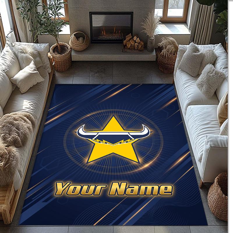 North Queensland Cowboys Crystal Velvet Rug, Custom Name Text Personalized Non‑Slip Floor Mat for Home Decor Gift