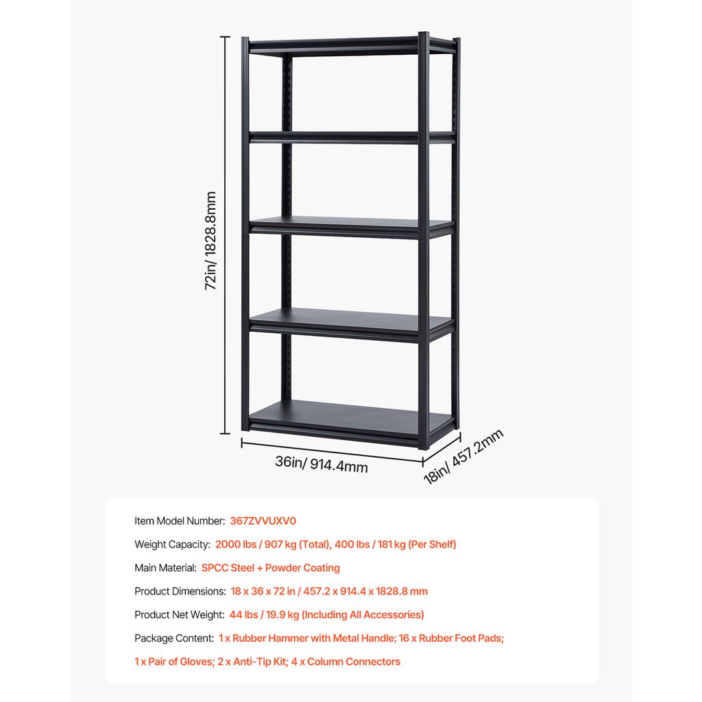 SucceBuy 5-Tier Garage Storage Shelves 2000 lbs Adjustable Metal Shelving Utility Rack Shelf for Kitchen Warehouse Basement