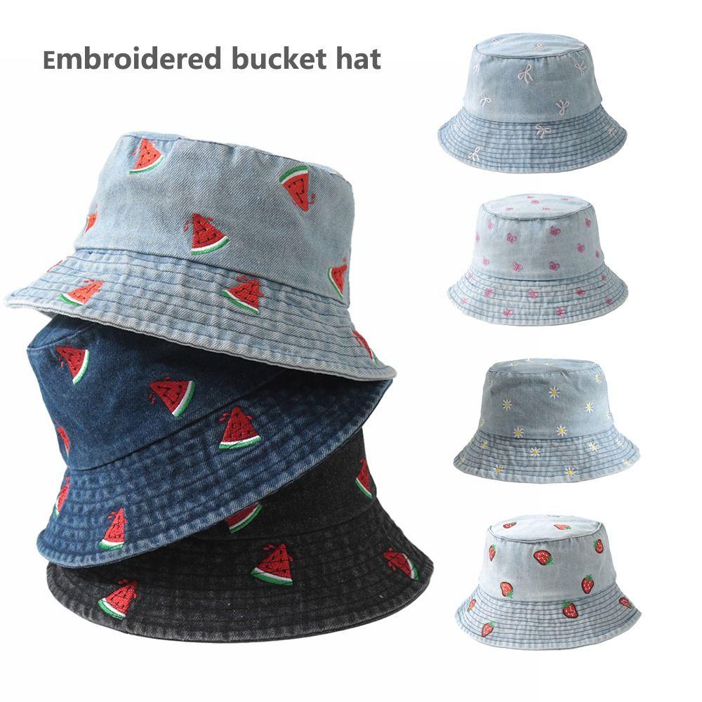 Butterfly Pattern Denim Bucket Hat Wide Brim Sun Hat Breathable Beach Hat  Spring and Summer