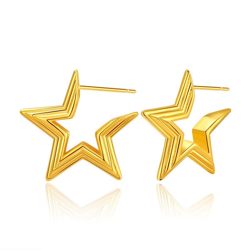 Open Design Five Pointed Star Stud Earrings Vintage 3d Carved 18k Gold Plated Earrings