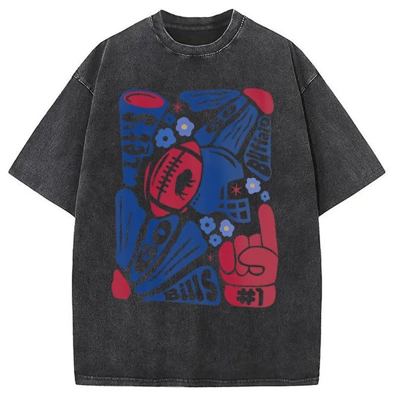 Vintage Cotton Washed Acid T-Shirt Let's Go Bills Printed Dropped Shoulder Tops Holiday Heavyweight Men Clothings