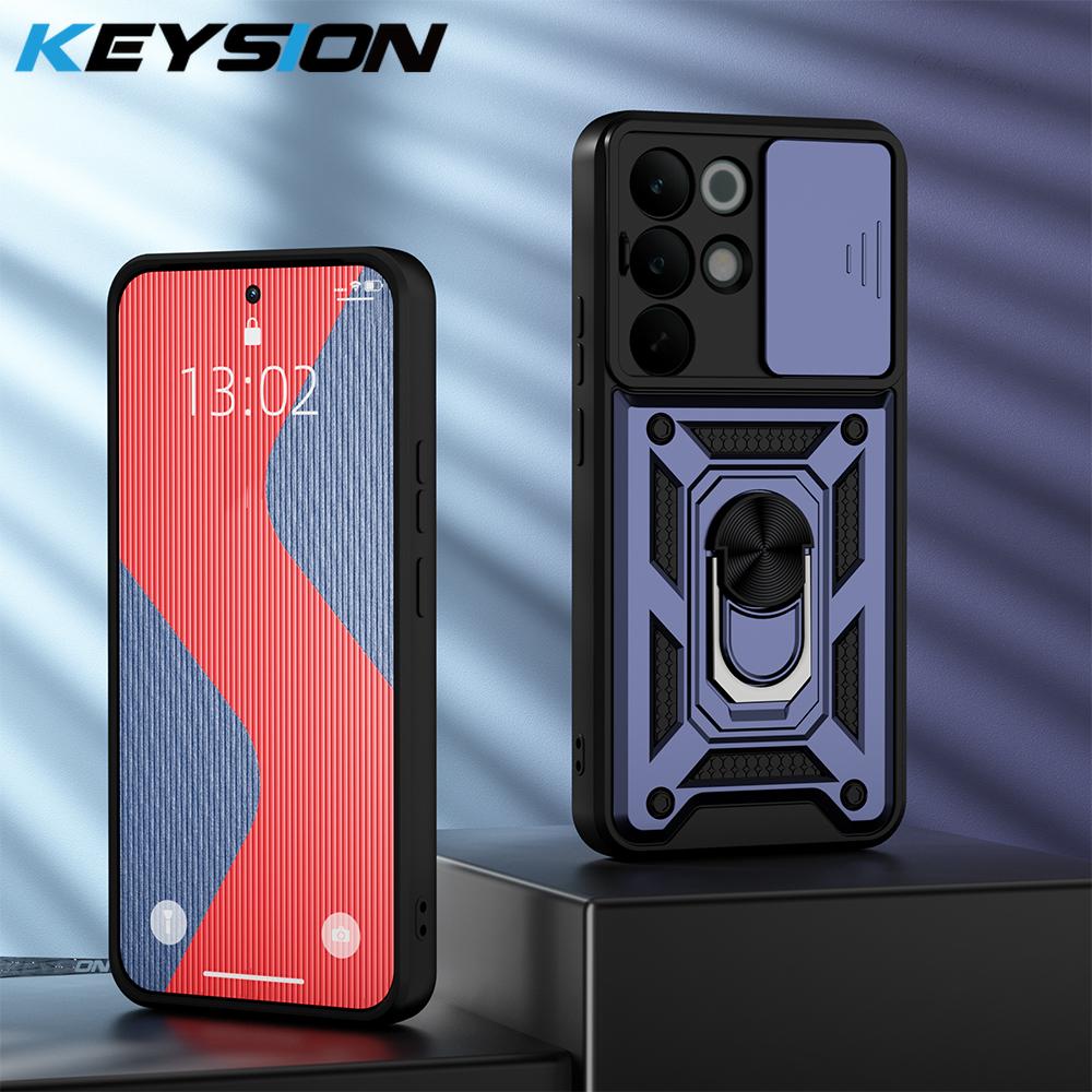 KEYSION Shockproof Armor Case for Realme C85 5G Slide Camera Lens Protection Ring Stand Phone Back Cover for OPPO Realme C85 Pro