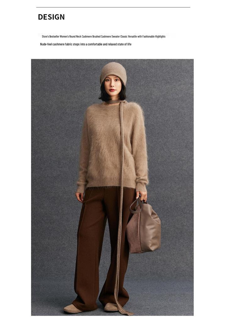 Cashmere Women's Round Neck Brushed Knit Sweater - 2025 Autumn/Winter Collection.