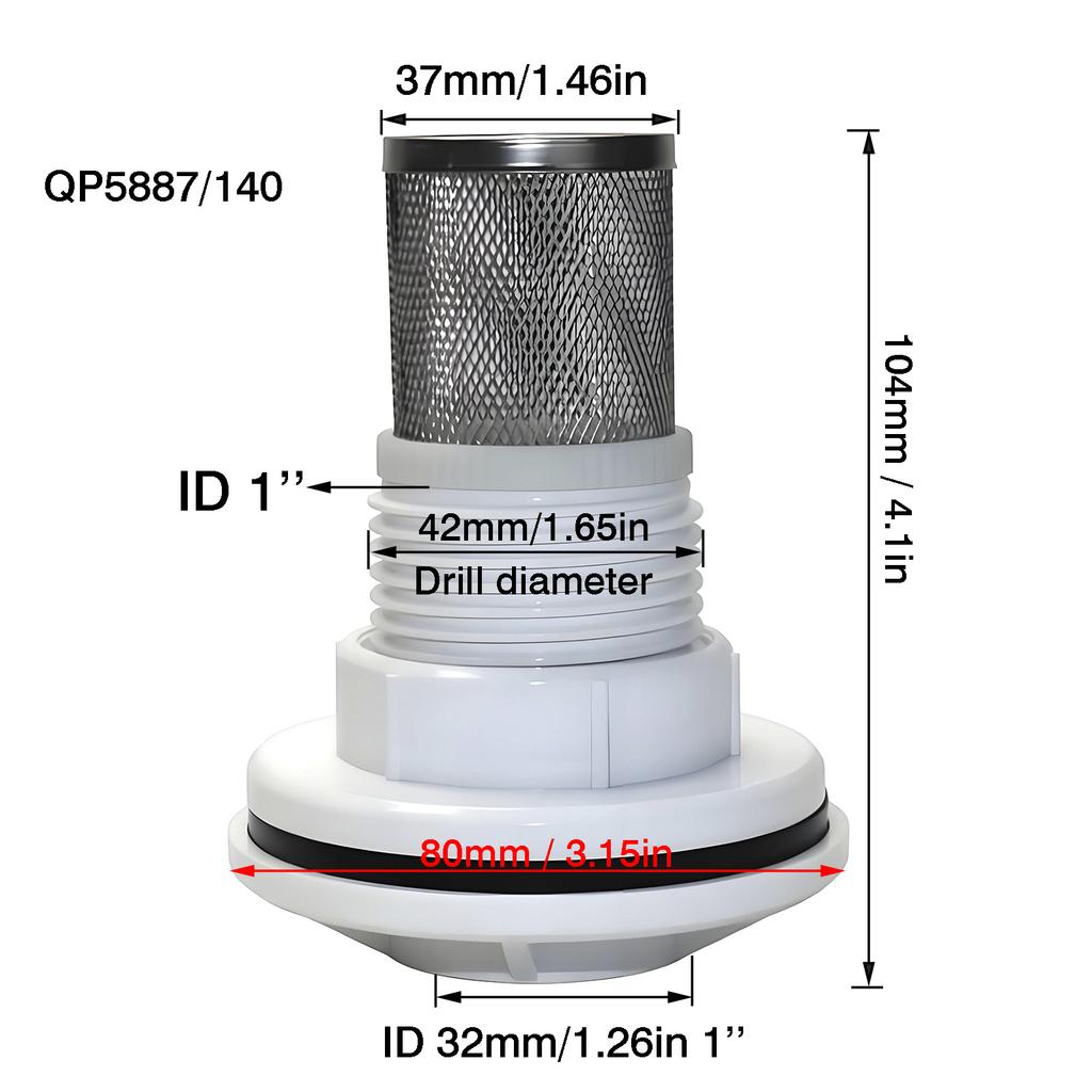 2Pc Kit garden water connectors with ID 32mm 1'' stainless steel filter screen OD 42mm drilling ID 1'' water tank joint flange