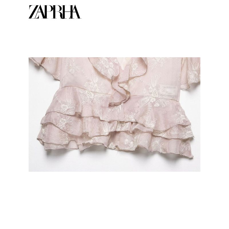 Zaprha 2025 New Arrival French Age-Reducing Laminated Decoration V Neck Short Sleeve Embroider Tops Shirt for Women 3105872