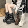 Women Leather Boots New Winter Motorcycle Boots 9.5CM Wedge Heels High Platform Chunky Shoes Woman Autumn Thick Sole Punk Boots