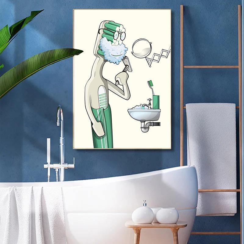 Cartoon In The Bathroom Posters Wall Art Canvas Paintings And Prints HD Pictures For Washroom Room Home Decor Frameless Gifts
