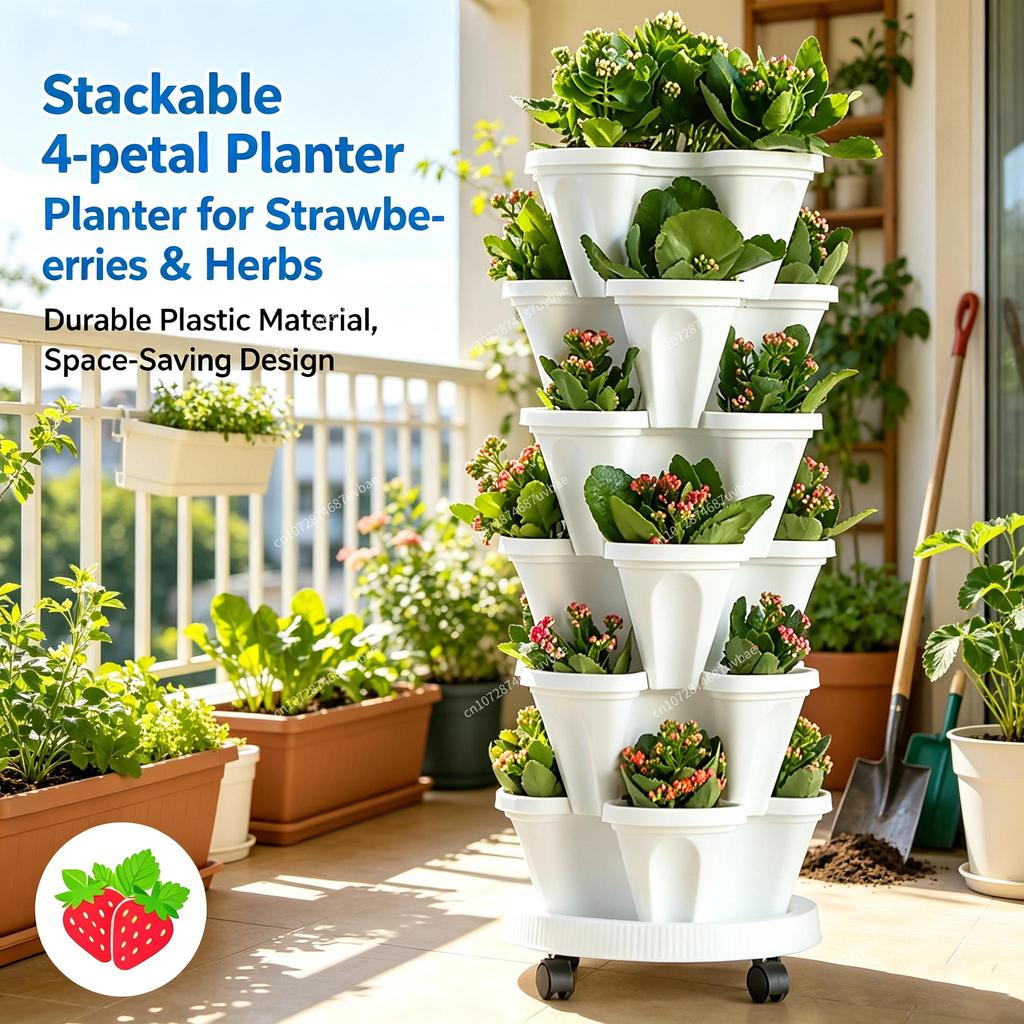 Multi-Layer Stackable Planting Pot Plastic Four-Petal Planter For Balcony Strawberry Vegetable Garden Vertical Growth System