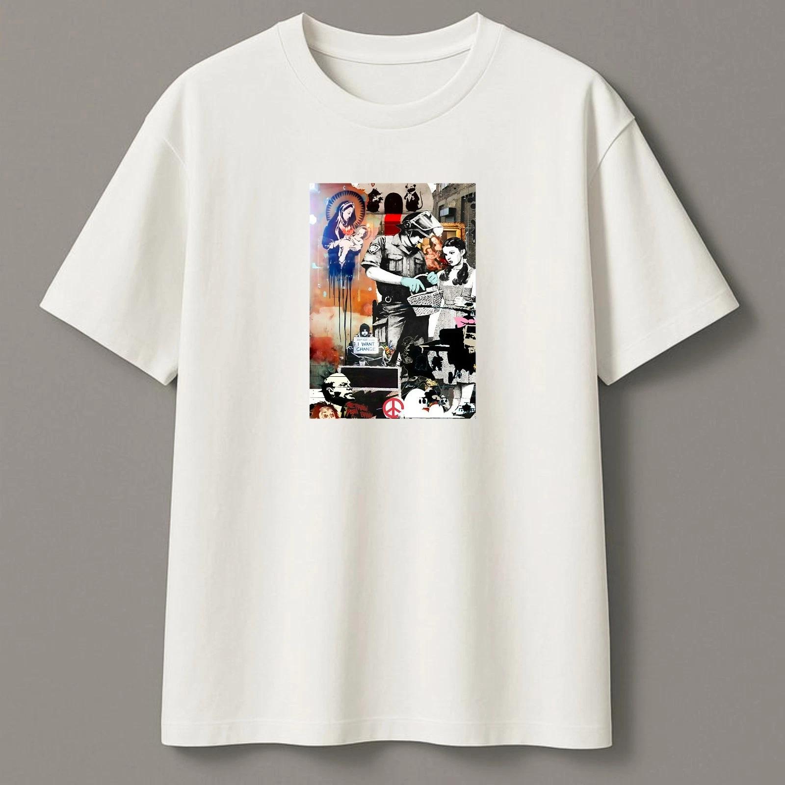 

Pop Culture Collage Banksy Graphic T-Shirt, Street Art Graffiti Inspired Tee L