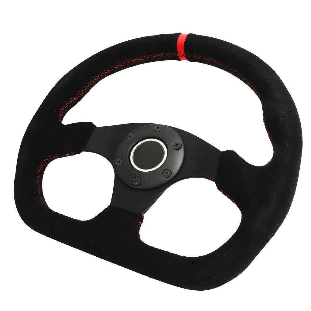 D Shape Steering Wheel 12.8in Suede Leather Race Style Steering Wheel with Red Stitch and Horn Button