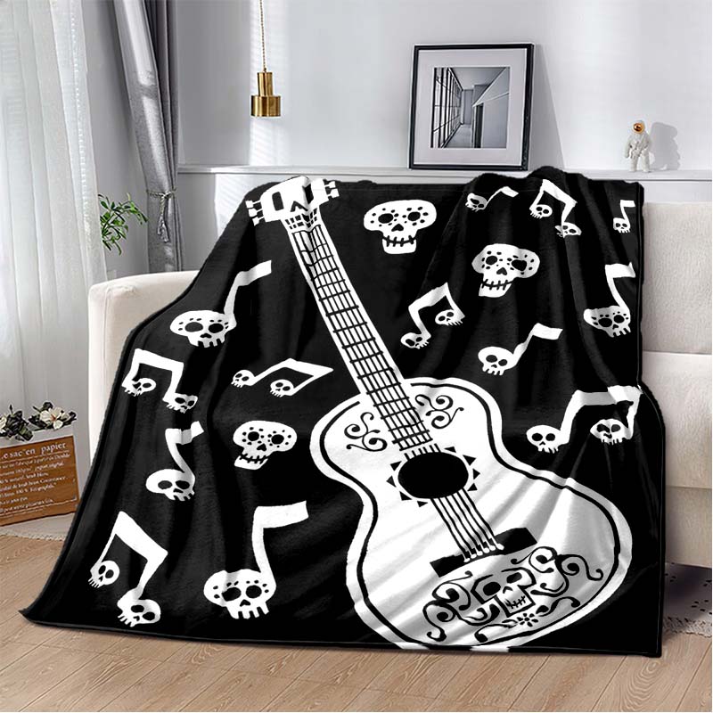 Mexican Day of the Dead Guitar Print Flannel Blanket, Soft Cozy Throw Blanket